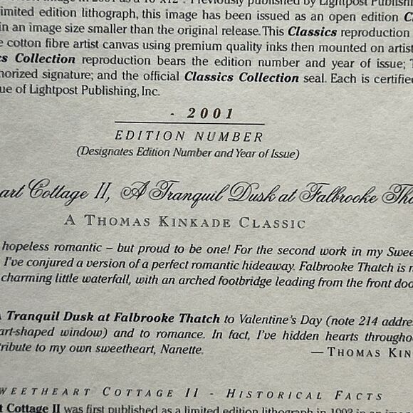 Vtg Thomas Kinkade Sweetheart Cottage 2 Framed Canvas Classics Collection W/ COA - Picture 11 of 15